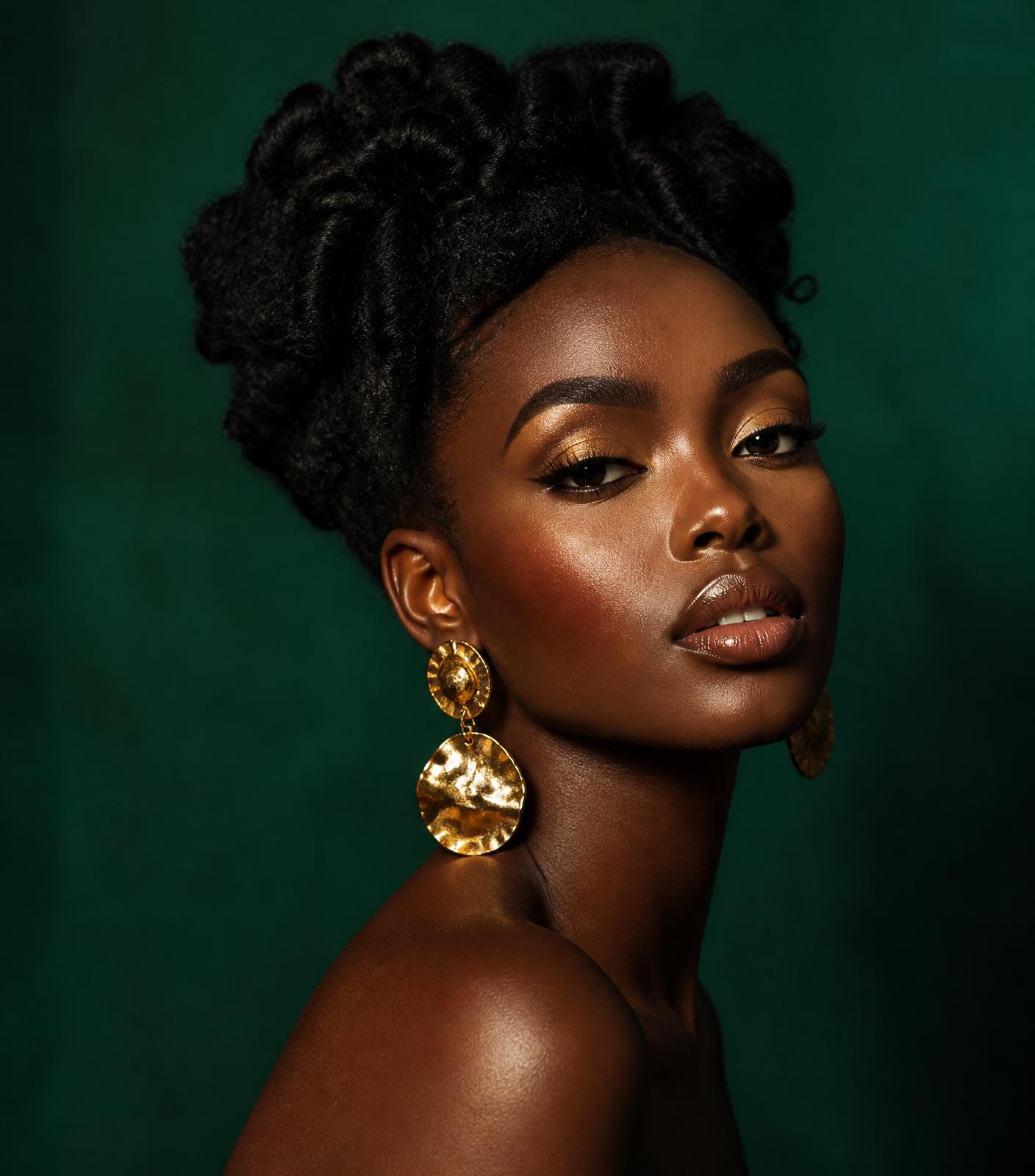 Black woman with sculpted natural updo and gold earrings, styled by The Tiffany Love Agency